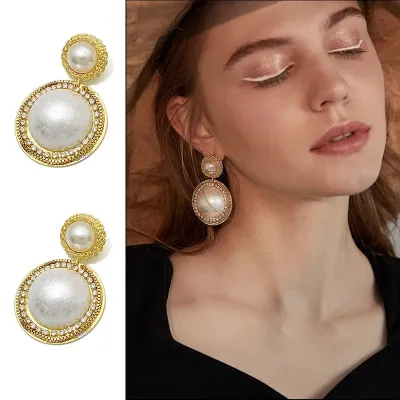Big Pearl Round Crystal Drop Earrings